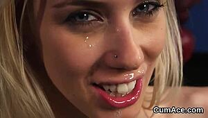 Horny beauty receives cumshot on face, devouring all in extreme blowbang