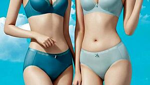 Sweet asian models pose in lingerie and panties, barefoot with cute feet.