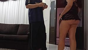 Wow, delivery turns into blowjob and sex with horny wife!