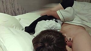 cute maid in uniform seduces with cowgirl creampie, cum dripping from pussy