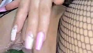 hot colombian latina milf uses cucumber in her wet pussy for close-up squirting orgasms