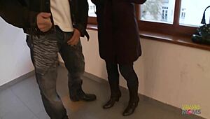 Enchanting blonde sucks cock deepthroat handjob fingering muff diving outdoor masturbation cunilingus in public stairwell