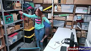 Busty shoplifter with big tits gets deepthroat and blowjob before being rammed by monster cock in the office