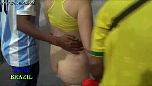 After the Copa game, the blonde goes for two guys in double penetration, cumming in both holes, she loves it 😈