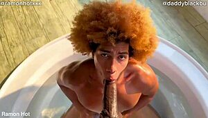 Two black guys fuck intensely in hot tub