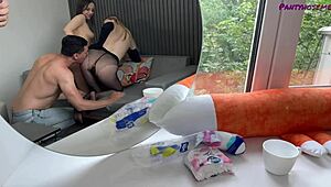 Angelica and Maddy ride in pantyhose threesome 😏