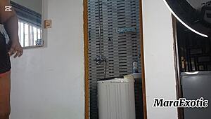 ebony nigerian woman in lingerie does laundry