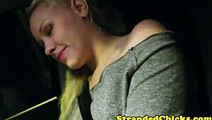 Hitching blonde teen grabs driver's cock in the car, no sex involved.