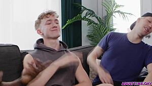 three friends start jerking off together, then harrison feels ezrah mahomes and troy river dive into deepthroat fucking.