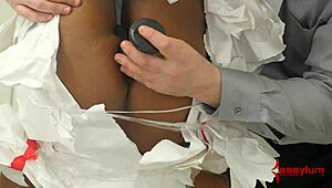 hung upside down ebony slut licks ass and cum in bdsm hospital bondage