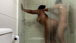 in the steamy bathroom an asian amateur with big ass rides a monster interracial cock. she moans as he pounds her big pussy hard