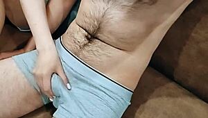 Young girl gives intense blowjob and handjob as birthday gift to stepdad