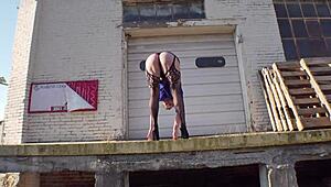 Milf shows off her curvy ass in stockings and skirt at the loading docks