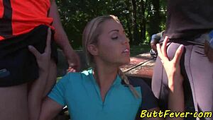 the babe gets anally fucked in a hot threesome with cum on her ass and glamour