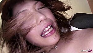 Petite Japanese secretary roleplays solo masturbation in office toilet.