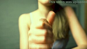 Beauty with red lips gives close-up handjob to her boyfriend, moaning all the way 😘