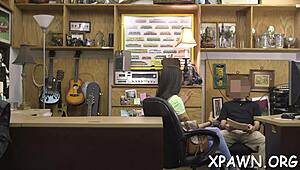 why does this lustful beauty fuck roughly in the shop?