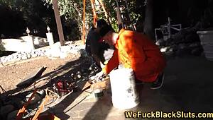 The little teen maid in stockings gives blowjob, gets facial from monster cock.