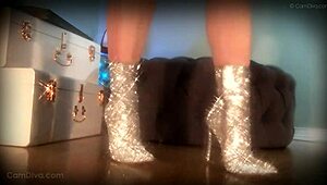 in the dungeon, the femdom goddess mesmerizes her slave with her sparkle boots, commanding him to lick her ass while she teases with her legs