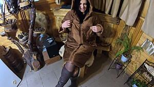 smoking milf with cum on jacket for husband