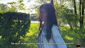 my petite friend controls my orgasms in public with vibrator