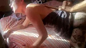 French amateur in white satin panties and red dress gives fishnet heels doggystyle blowjob ass to mouth