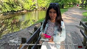 my petite friend controls my orgasms in public with vibrator