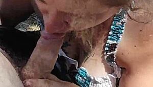 Plump Woman Gives Intense Blowjob in Public Outdoor Setting While Being Watched