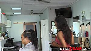 Hairdresser licking lesbian teen in public outdoor spot.