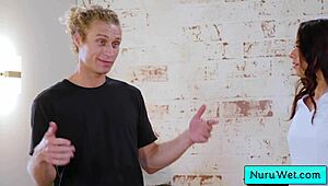 Brunette masseuse removes her clothes and provides a wet nuru massage with Michael Vegas and Sophia Burns