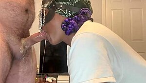 Submissive ebony gets throatfucked with gagging