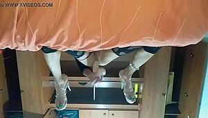 The latina shemale thrusts her new toy into her tight ass