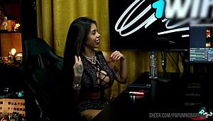 ruan gets super horny as bibi griffo grinds on his lap deliciously in the podcast