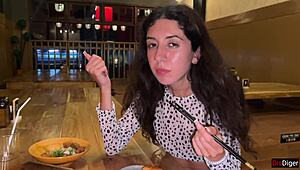 girl gets cum on face in sushi bar