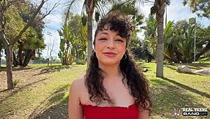 A small curly-haired pixie gets fucked hard on the sofa