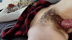 Big Cock Stepson Risks Fucking Hairy Pussy And Creampies Closeup!
