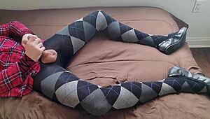 Shemale Teases with Jerking Off in Plaid Dress and Argyle Tights