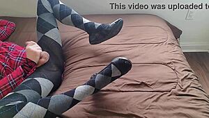 Shemale Teases with Jerking Off in Plaid Dress and Argyle Tights