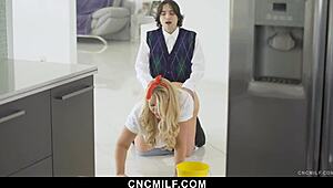 Thick Stepmom Helps Petite Stepson With Chores