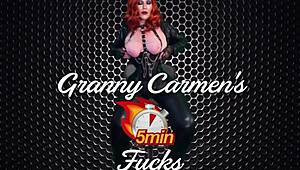 Granny Carmen intensely gives herself a dildo orgasm