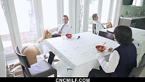 Thick Stepmom Helps Petite Stepson With Chores