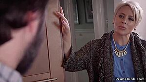 Blonde step mom and teen 18+ share cock in a kinky threesome with bondage and domination.