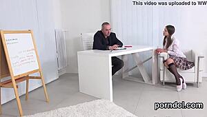 elderly instructor tempts and pokes sweet girl