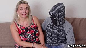 Curvy mature wife Sandy with big boobs fucks intensely while hubby watches