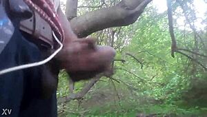 outdoor masturbation session ends with a cum shot in the trees