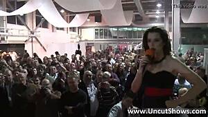 Filthy blonde slut rubbing her twat in outdoor public striptease