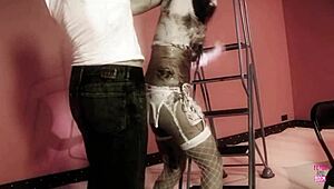 A naughty brunette and her man play with dark oil and fuck doggy style?