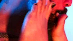 She feels intense pleasure as you lick her feet while pounding her wet pussy