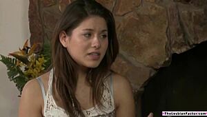 brunette teen 18+ tribbing with lesbian best friend in lingerie kissing and sucking