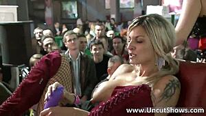 Filthy blonde slut rubbing her twat in outdoor public striptease
